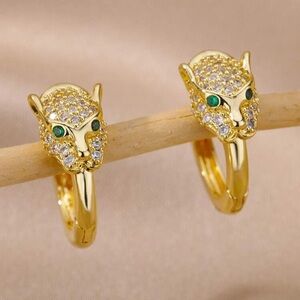 Cubic Zirconia Leopard Head Design Hoop Earrings Gold Color